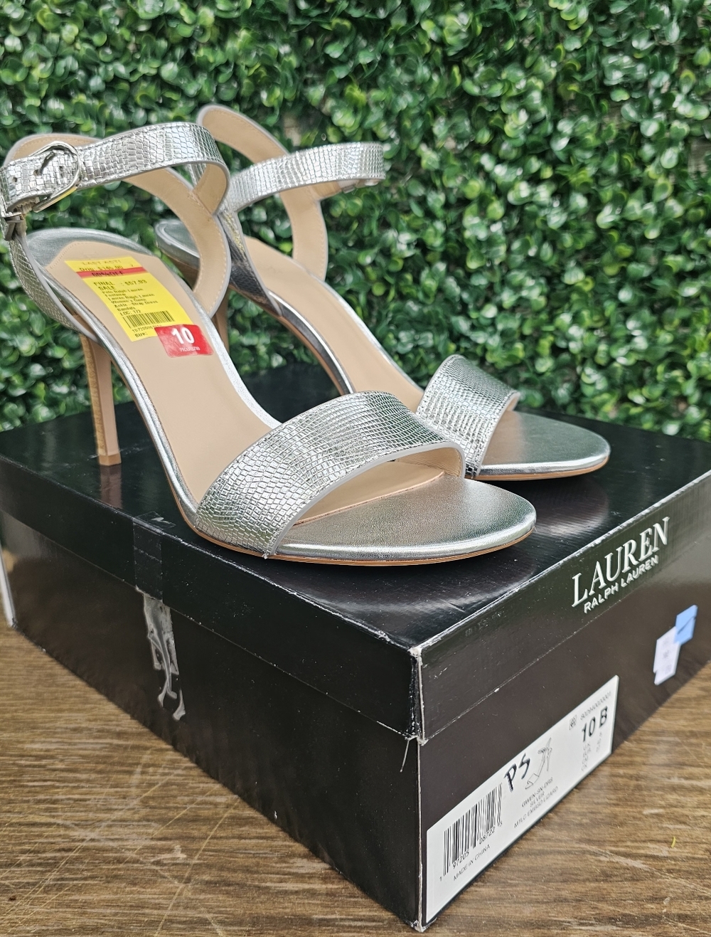 Womens Lauren Ralph Lauren Silver Textured Open-Toe Ankle-Strap Heels Size 10 B